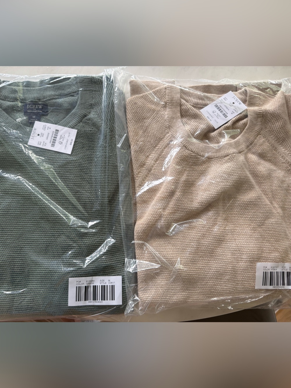 2 J. Crew Cotton thermal Crewneck Sweater in Sage Green and tan